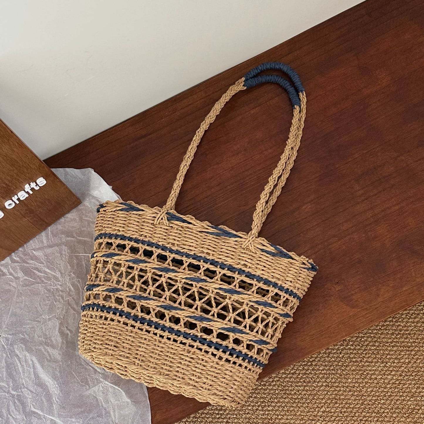 Women's Hollow Fashion Color Contrast Paper String Straw Vacation Vegetable Bags