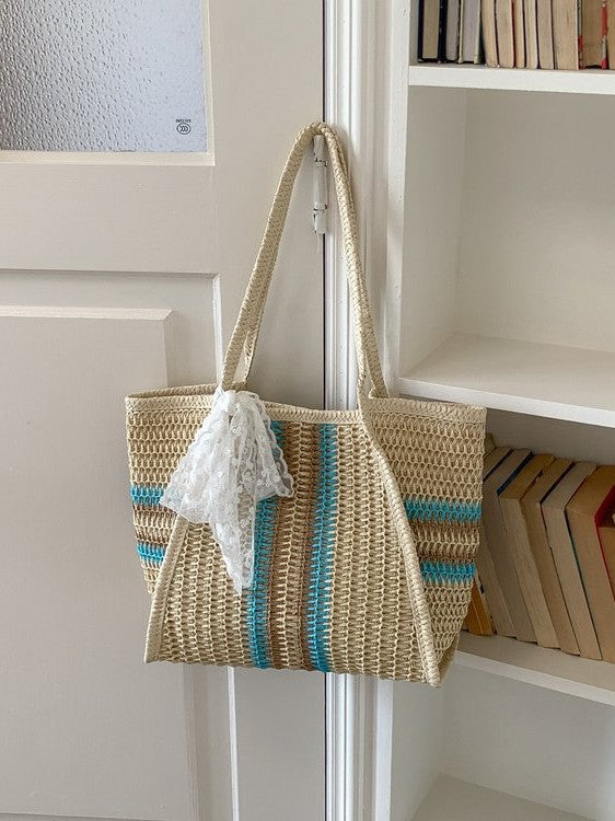 Large Capacity Commuter Straw Woven Fabric Leisure Striped Bags