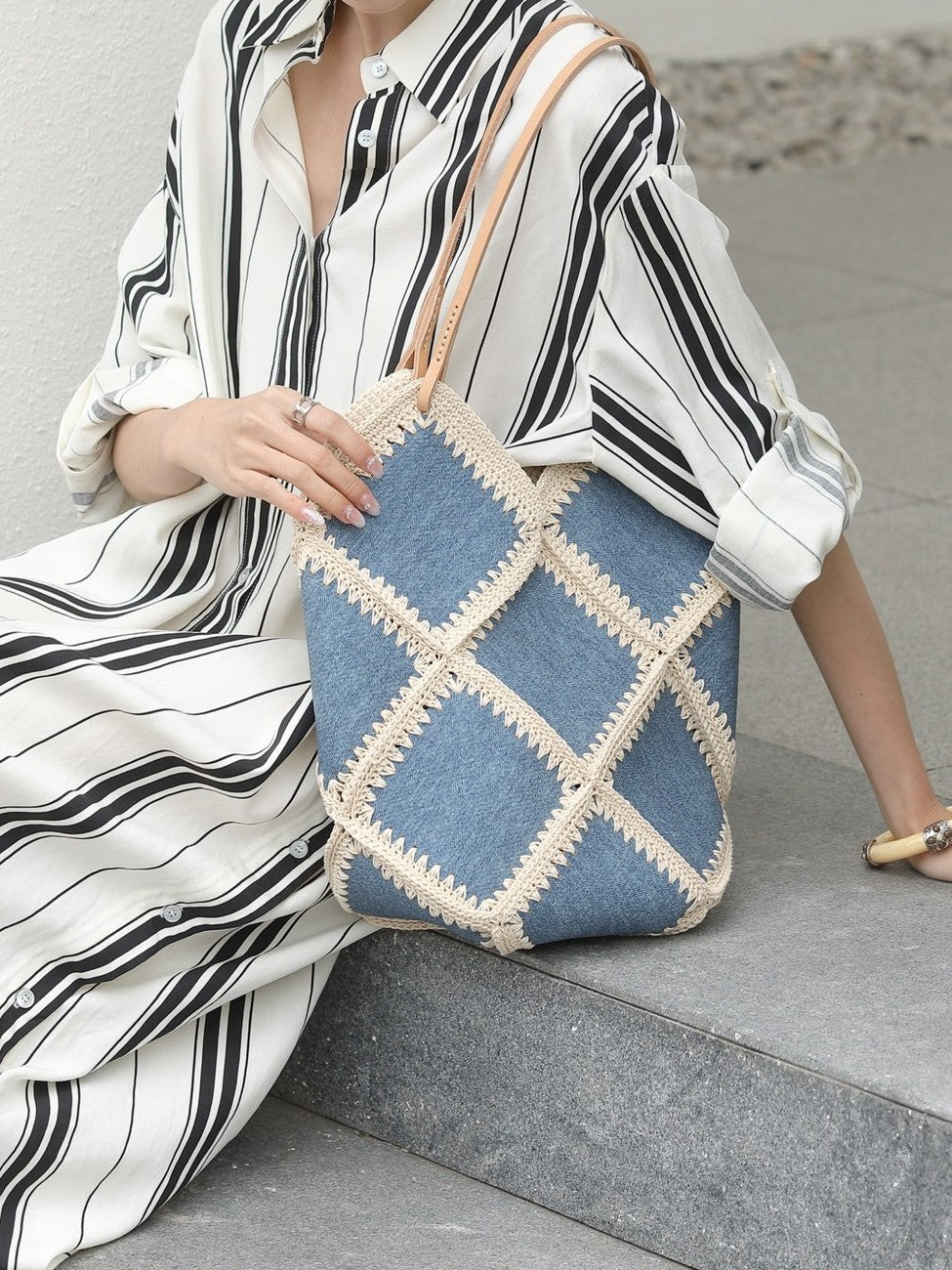 Style Denim Pattern Cowhide Niche Chic Early Spring Fresh Contrast Shoulder Bags