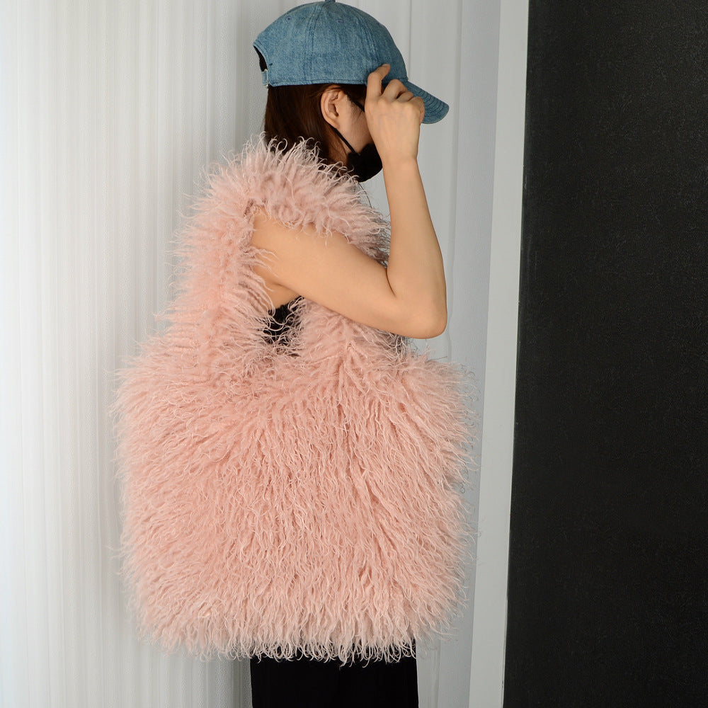Women's Imitation Fur Tan Sheep Plush Portable Large Capacity Totes Bags