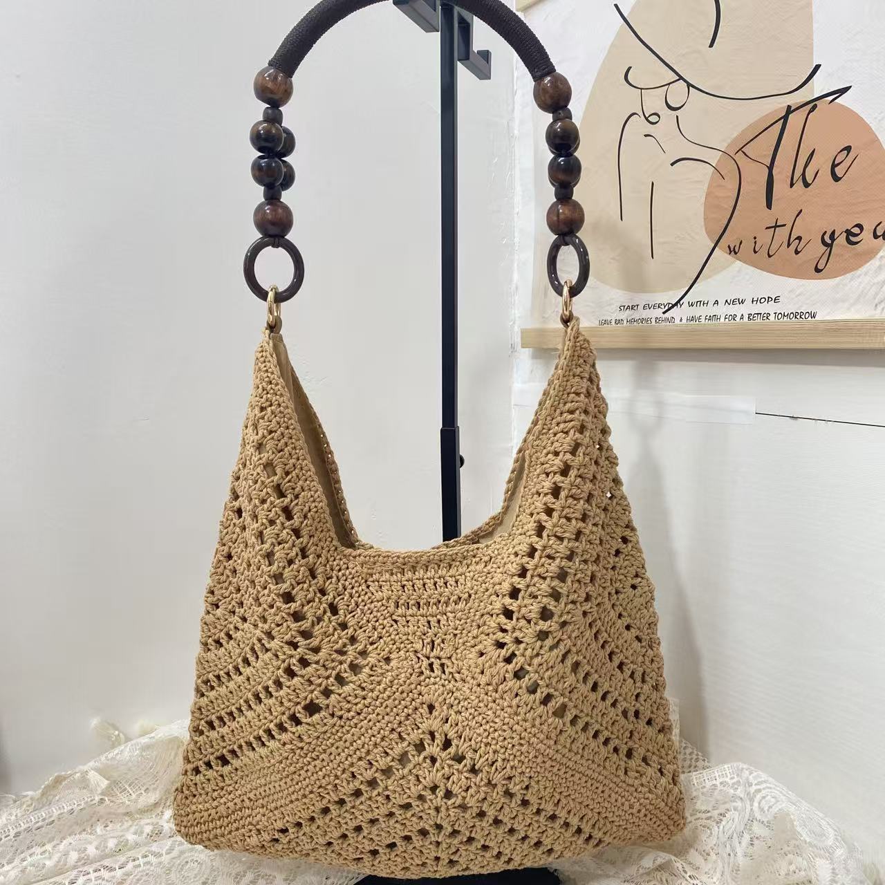 Hollow Wooden Bead Portable Commuter Large Tote Bags