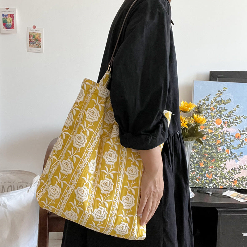 Embroidered Flower Yellow Rose Daily Portable Cotton Leather Shoulder Bags