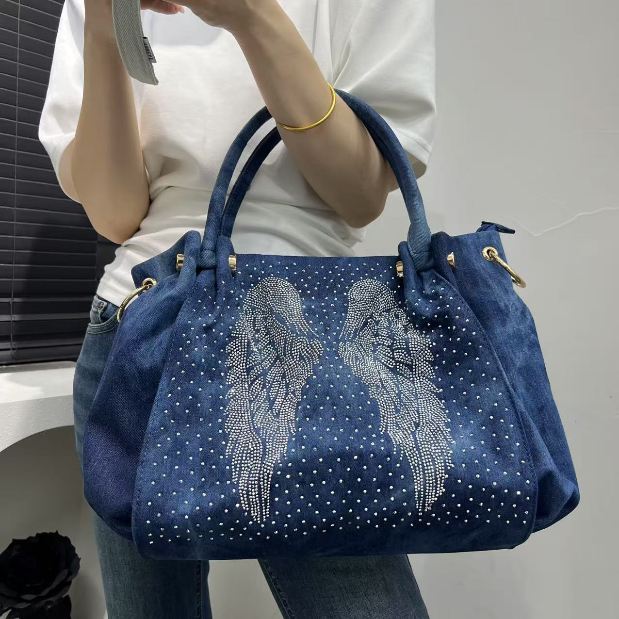 Women's Diamond Decorations Washed Denim Large Capacity Tote Bag