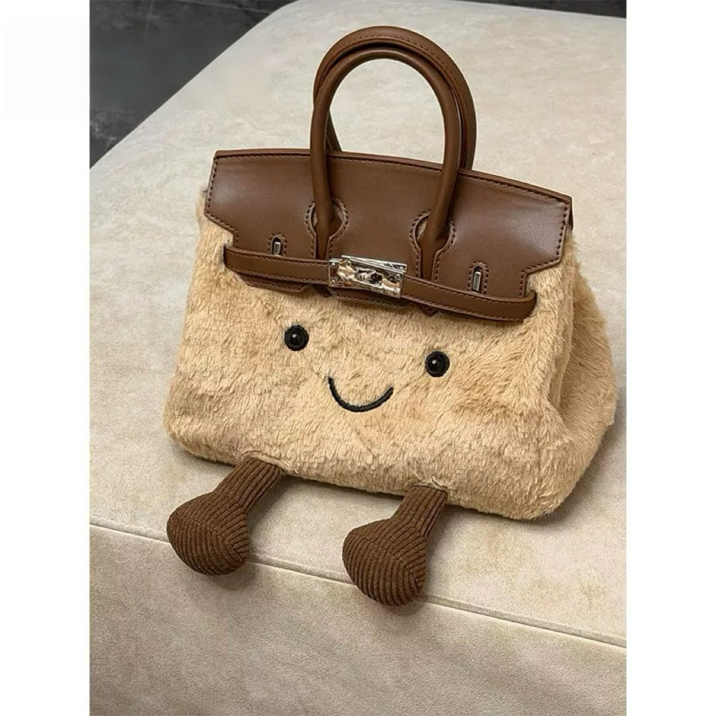 Cute Plush Doll Cartoon Furry Fashion Leather Patchwork Bucket Bag