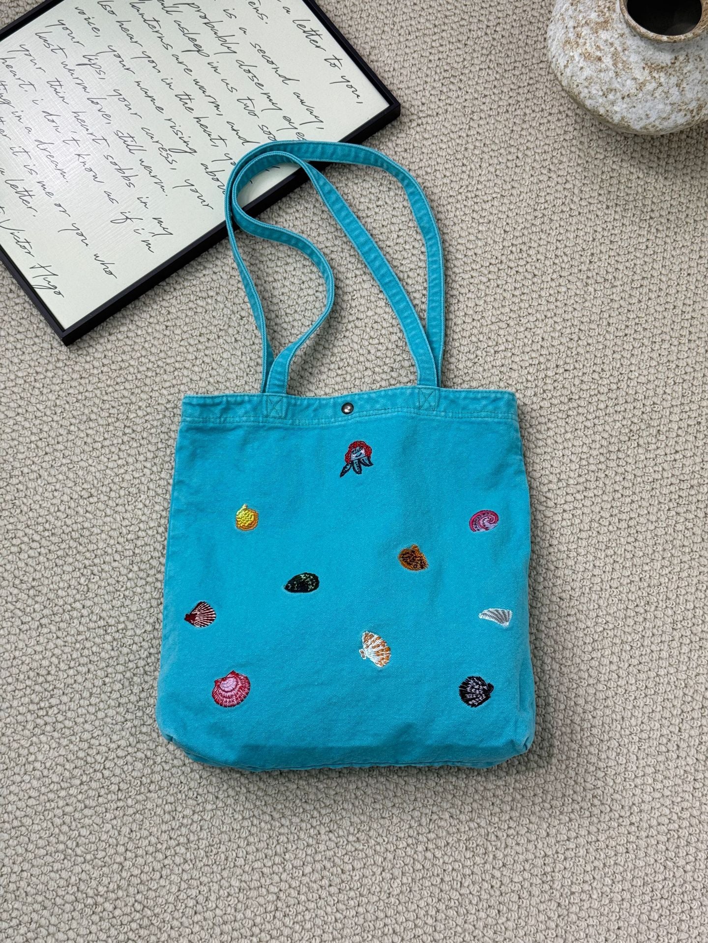 Korean Washed-out Denim Cute Embroidered Puppy Large Capacity Tote Bag