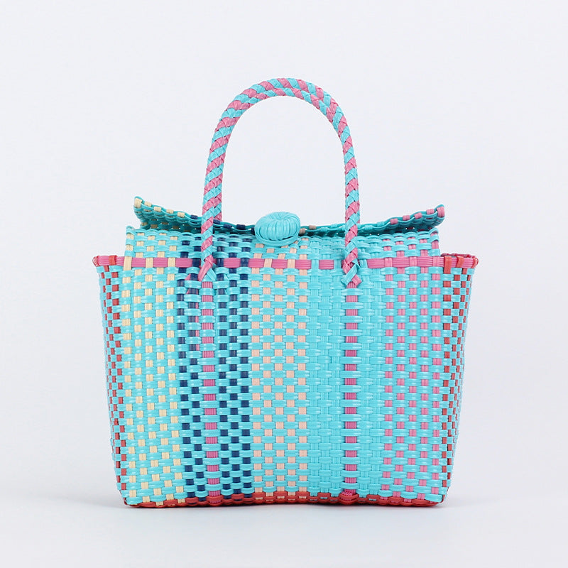 Women's Fresh Contrast Color Hand-woven Plastic Basket Beach Vacation Picnic Hand Bags