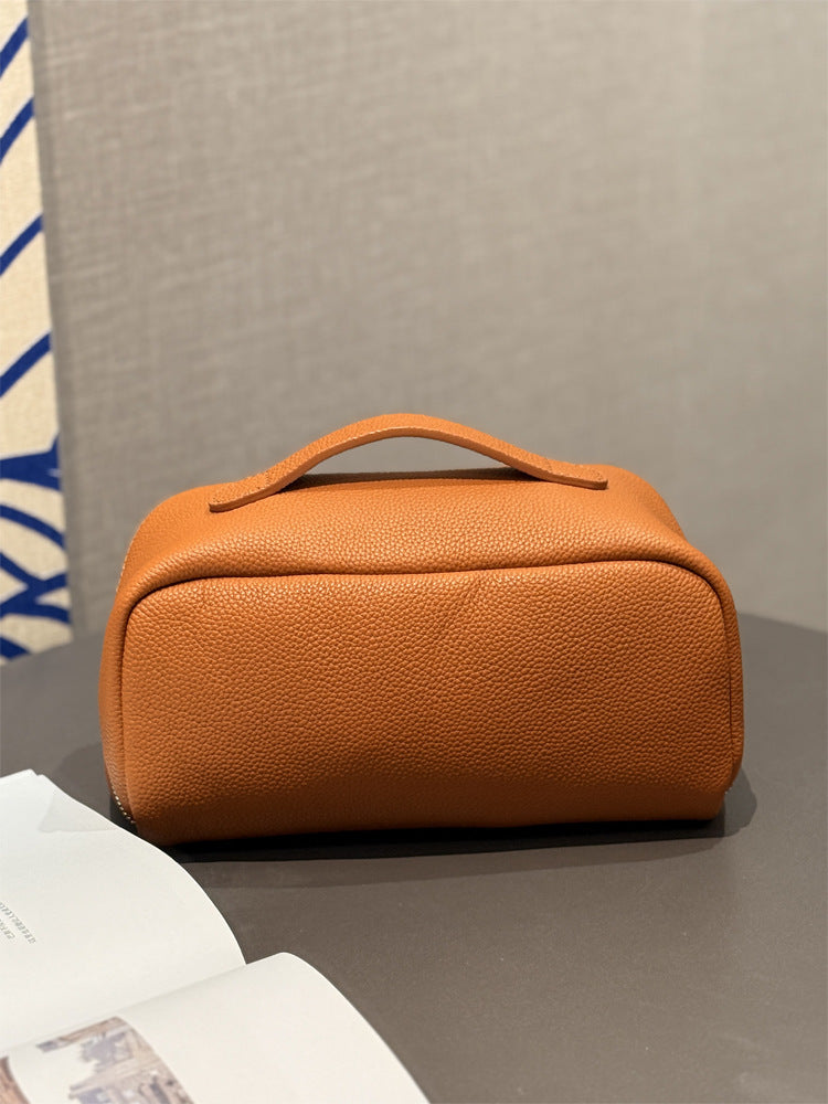 Simple High-grade First Layer Cowhide Texture Leather Portable Toiletry Large Cosmetic Bags