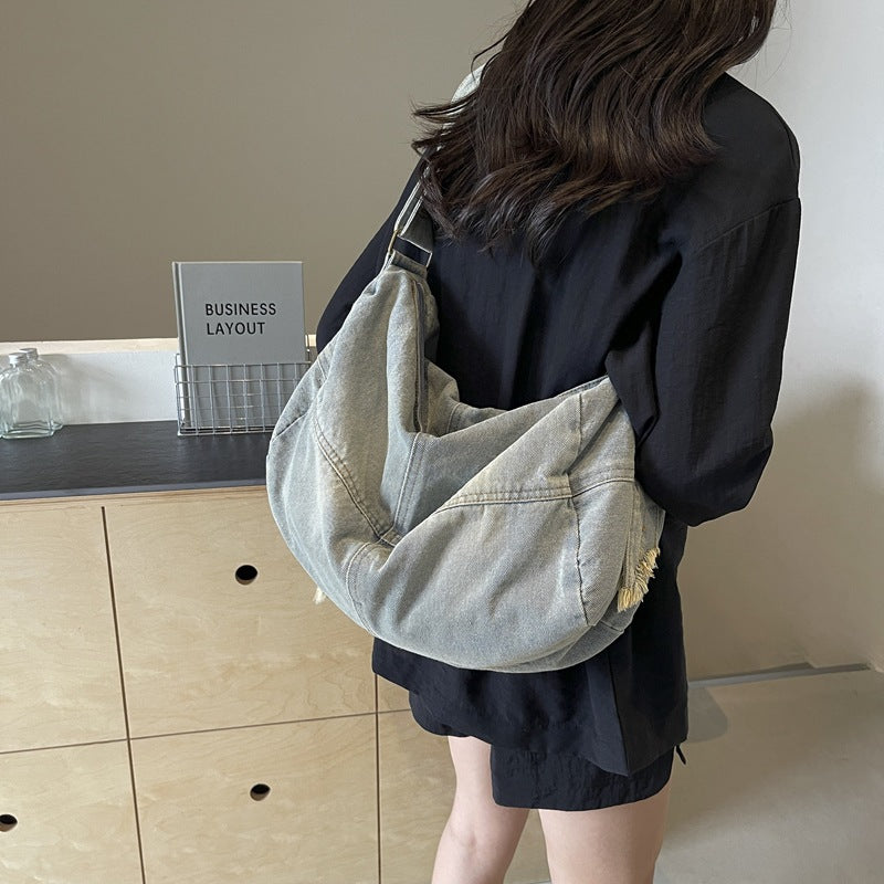 Women's Large Capacity Denim Retro Distressed Underarm Tote Bags