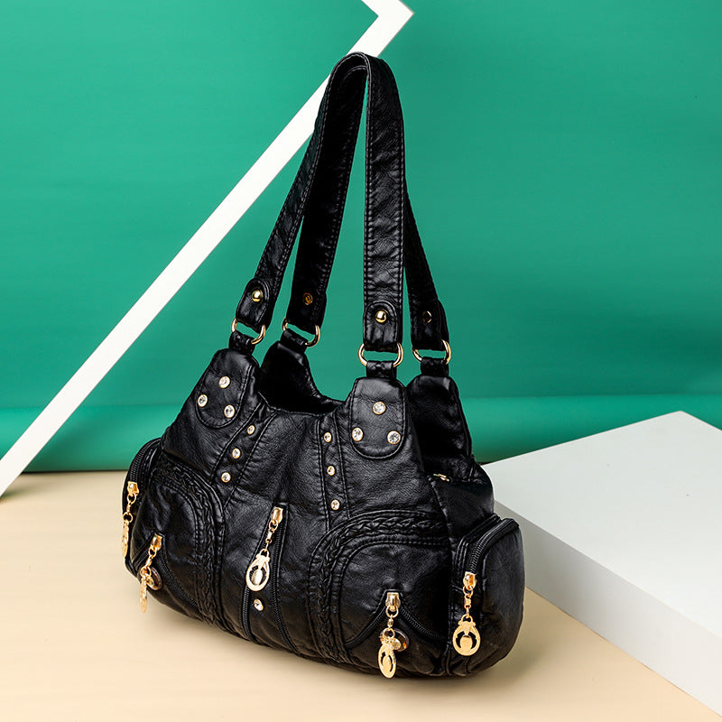 Trendy Colored Mosaic Large Capacity Washed Leather Bags