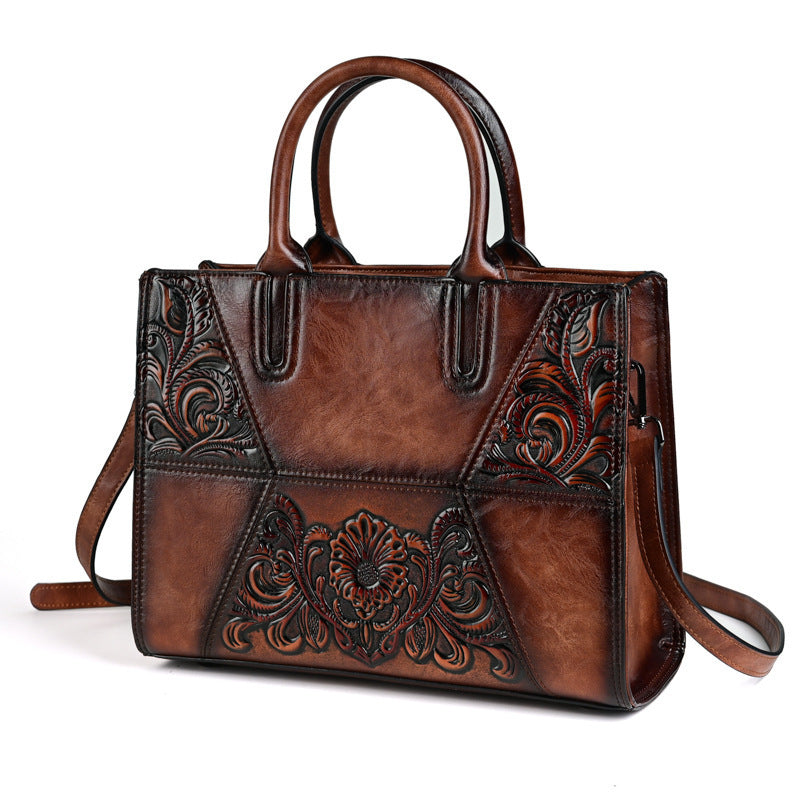 Women's Retro Patchwork Chinese Style Artistic Handmade Leather Carving Texture Women's Handbag