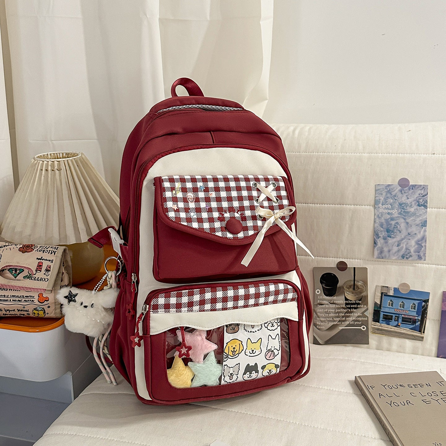 Style Two-dimensional Transparent Cartoon Good-looking Bar Plaid Backpacks
