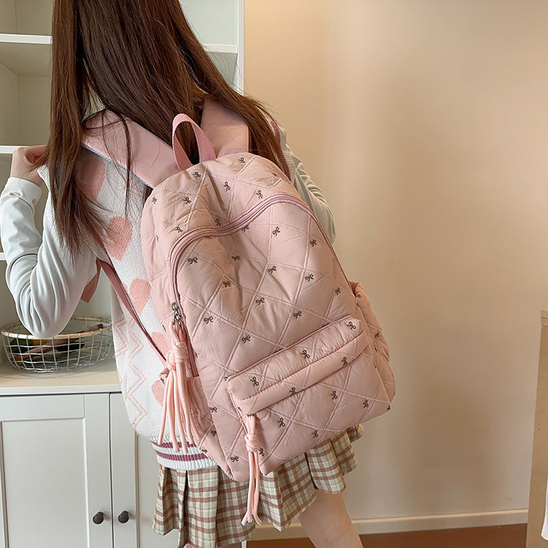 Female College Korean Style Cute Bowknot Embroidered Backpacks