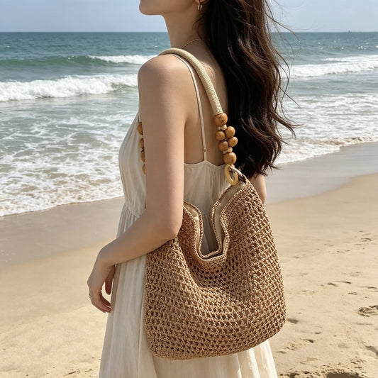 Women's High-grade Niche Crocheted Cotton Thread Straw Large Capacity Underarm Vacation Women's Shoulder Bag