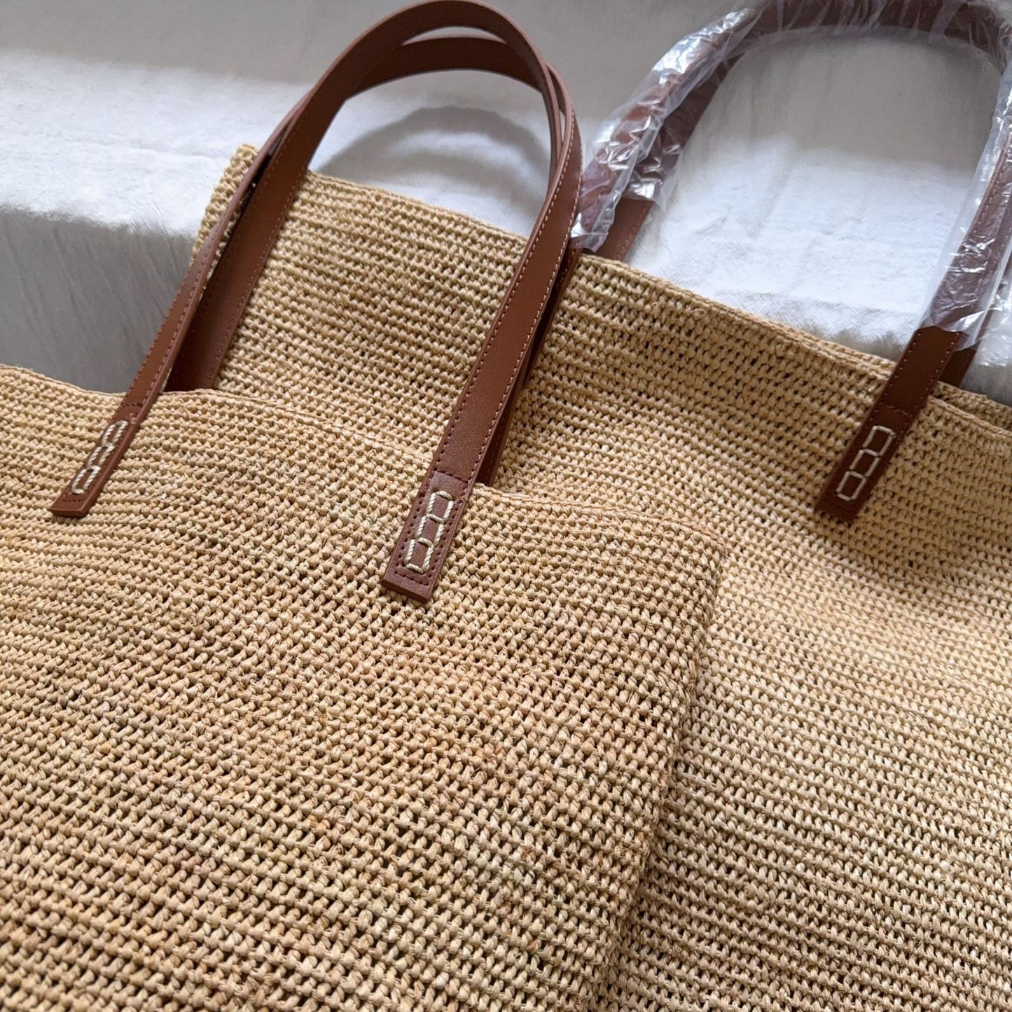 Raffia Joint Leather Strap Handmade Needle Hook Women's Shoulder Bag