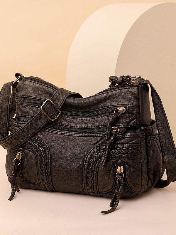 Women's Authentic Leather Tactile Feel Washed Woven Fashionable Large Capacity Women's Shoulder Bag