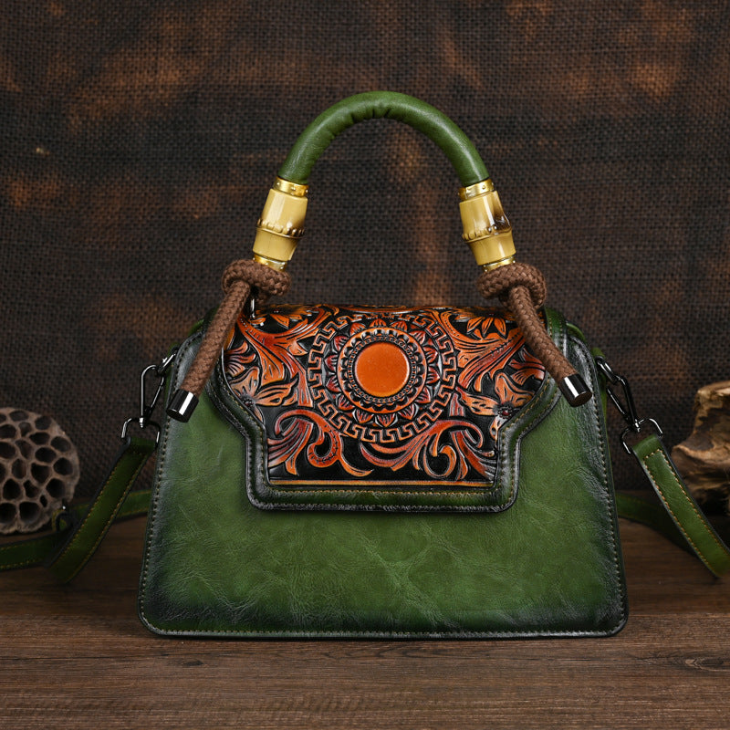 Women's Retro Artistic Style Underarm Bamboo Hemp Rope Hand-held Embossing Brush-off Bags