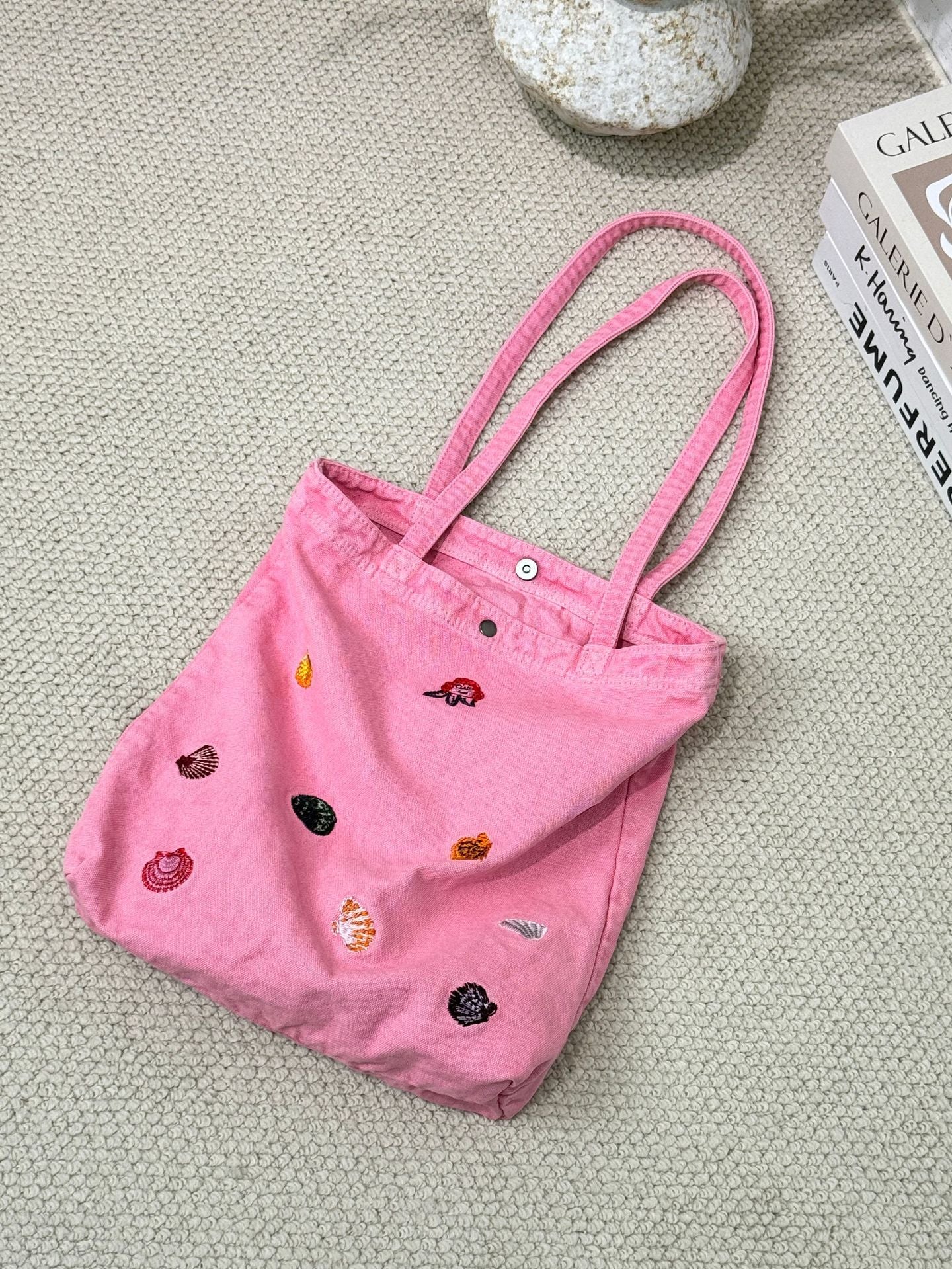 Korean Washed-out Denim Cute Embroidered Puppy Large Capacity Tote Bag
