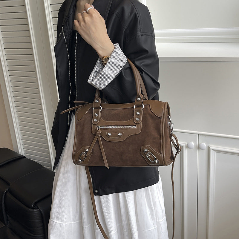 Women's Style Retro Motorcycle Winter Suede Contrast Color Women's Shoulder Bag