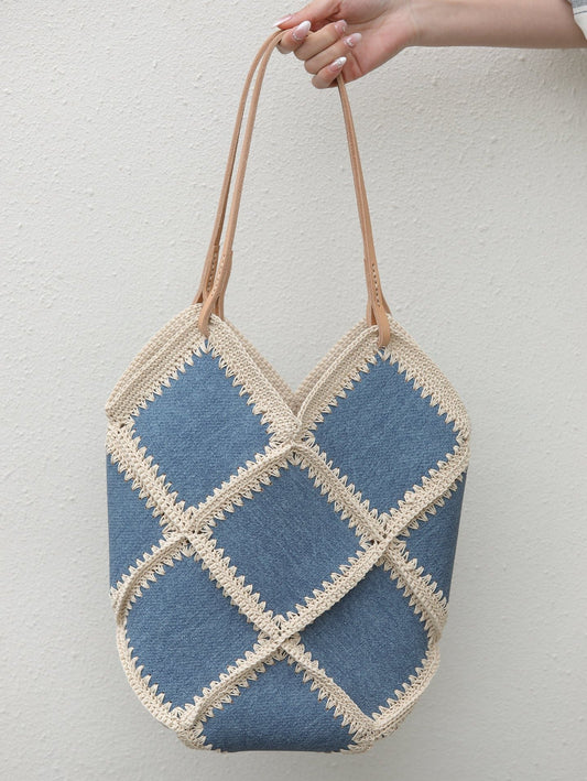 Style Denim Pattern Cowhide Niche Chic Early Spring Fresh Contrast Shoulder Bags