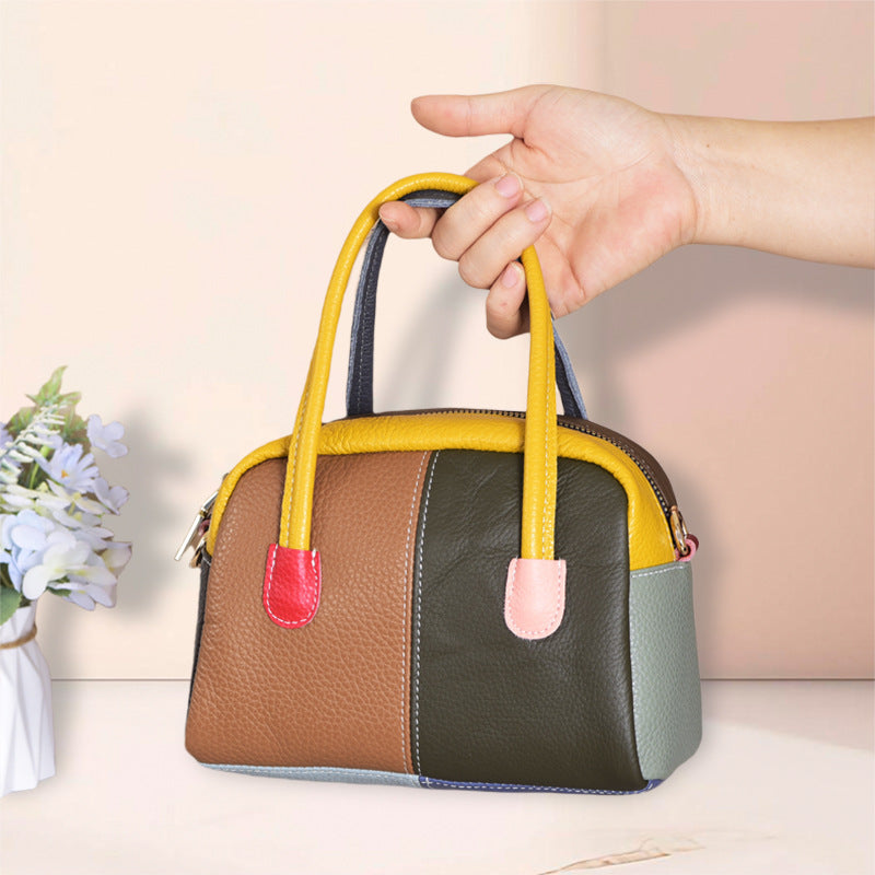 Women's First Layer Cowhide Fashion Retro Patchwork Contrast Women's Handbag
