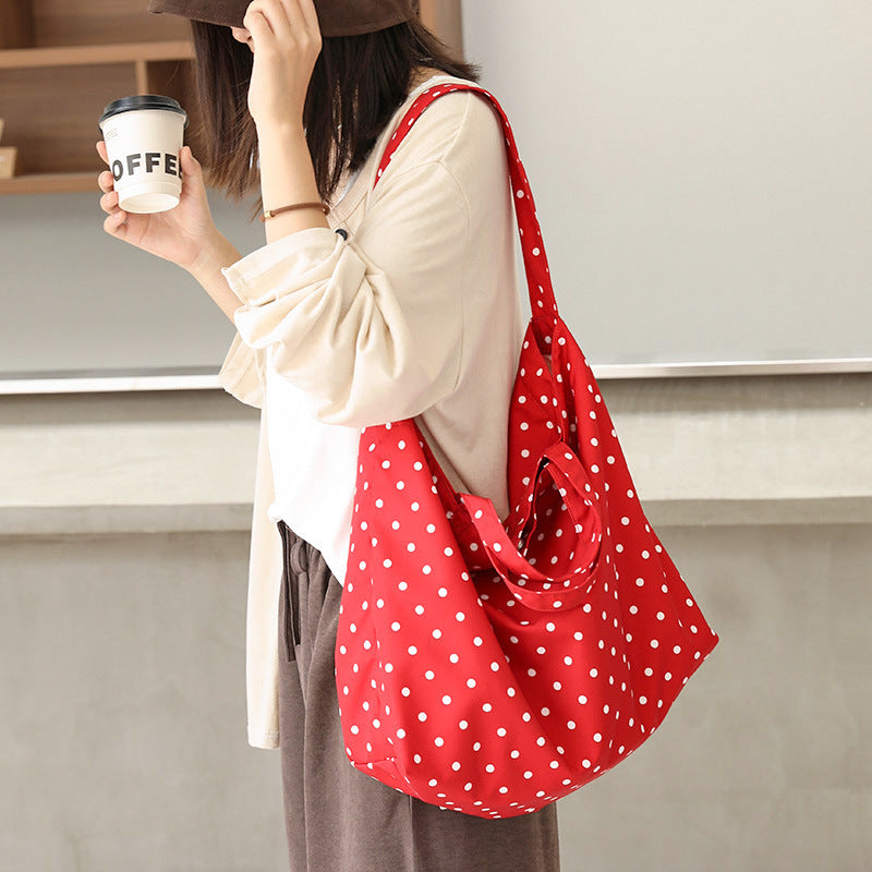 Korean Style Leisure Artistic Canvas Fashion Polka Dot Mori Contrast Women's Shoulder Bag