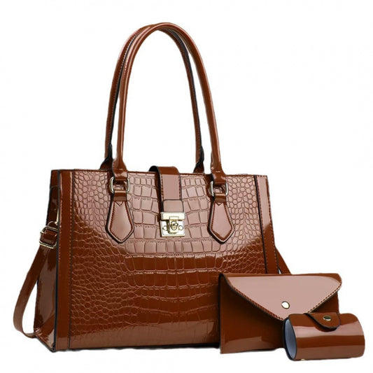 Three-piece Large Capacity Bright Leather Crocodile Women's Handbag