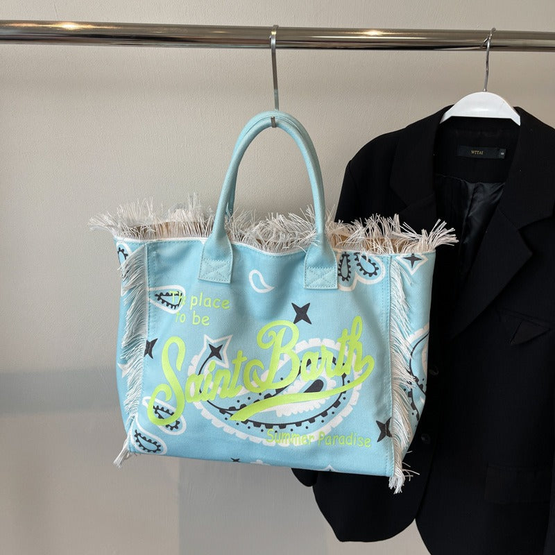 Beach Large Capacity Commuter Handmade Tassel Denim Tote Bag