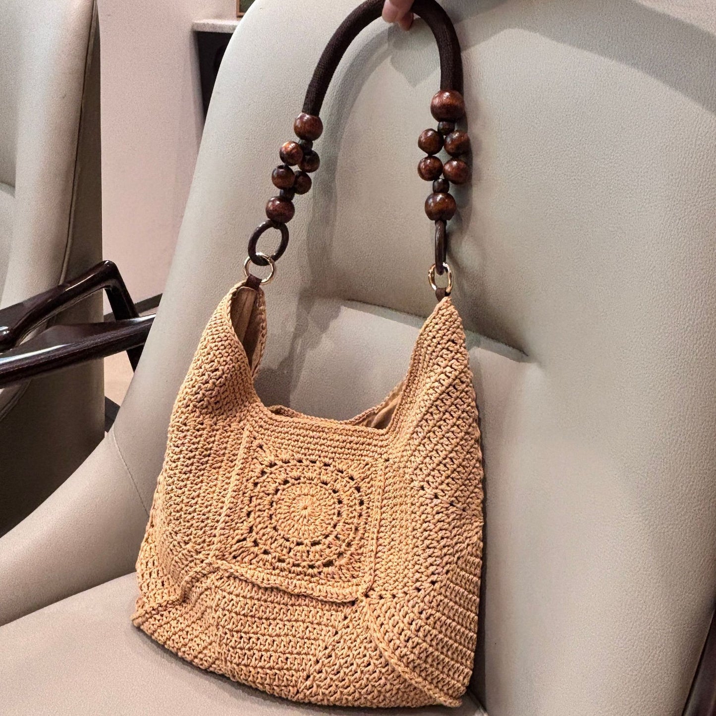 Women's Cotton Crochet Underarm High-grade Chinese Beads Vacation Simple Women's Shoulder Bag