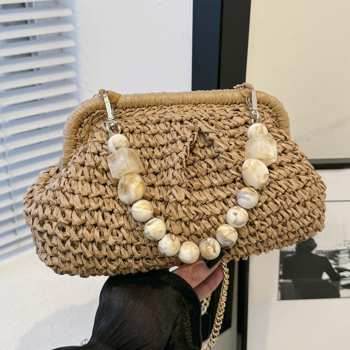 Vacation Style Beach Straw Summer Beaded Underarm Design Women's Handbag