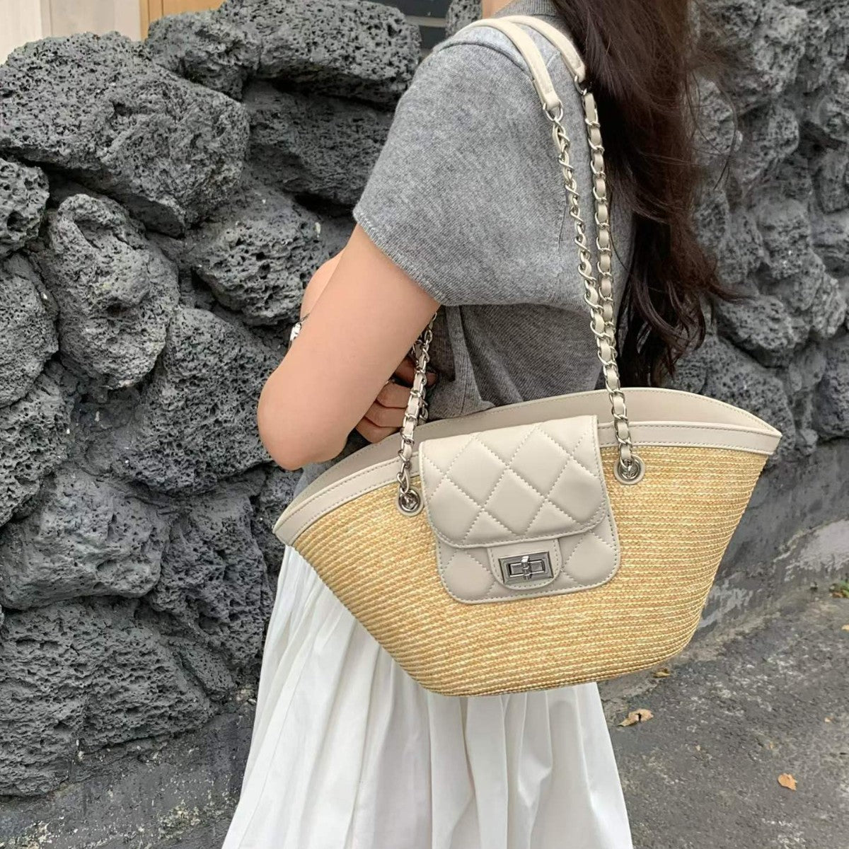Women's Vacation Style Vegetable Basket Woven Seaside Women's Shoulder Bag