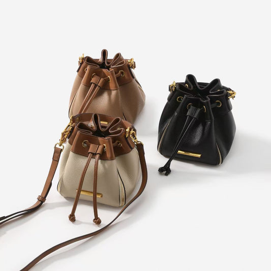 Women's Sense Fashion Drawstring Texture Niche Stitching Bucket Bag