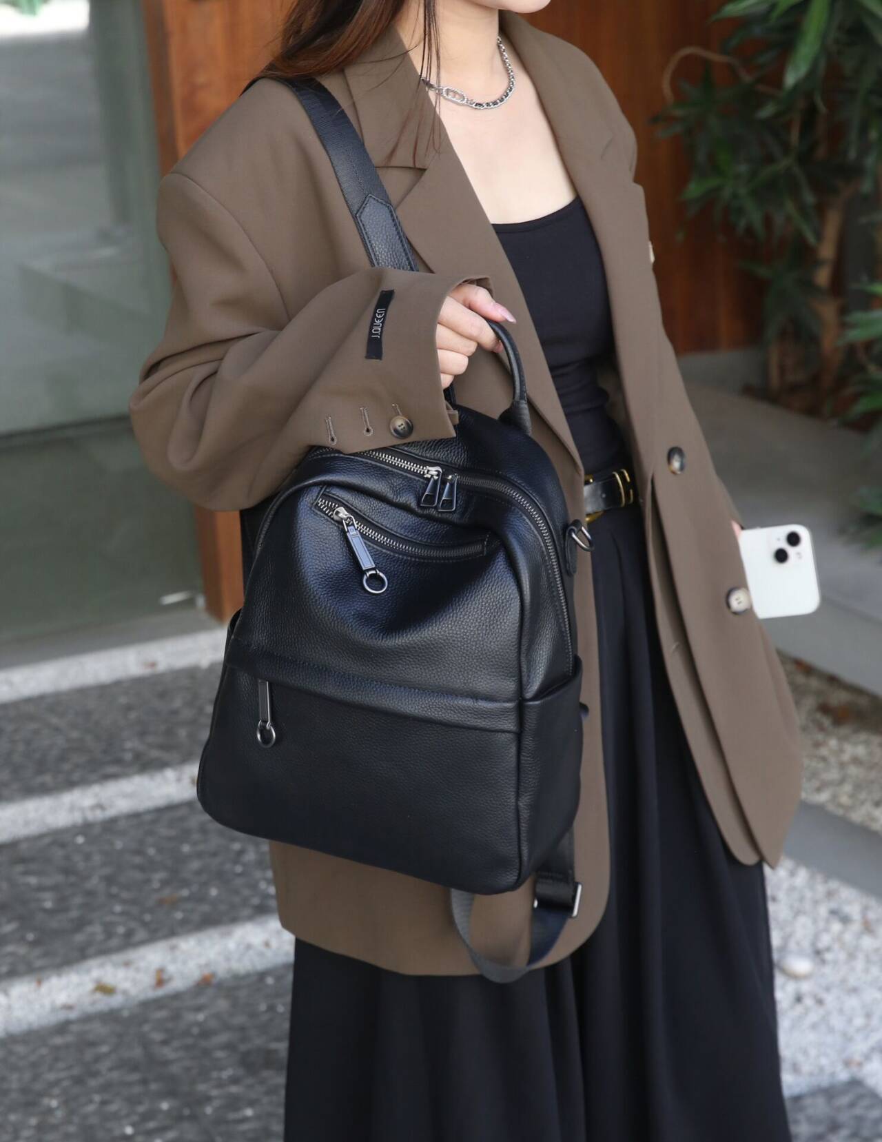 Women's First Layer Cowhide Lychee Pattern Brown Backpacks