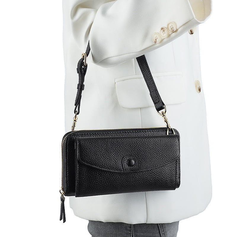 Women's Underarm Layer Cowhide Zipper Mobile Function Genuine Bags