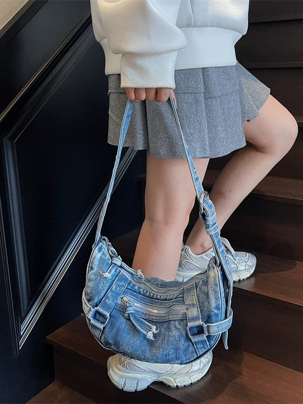 Women's Jean Korean Style Croissant Retro Washed Distressed Bags