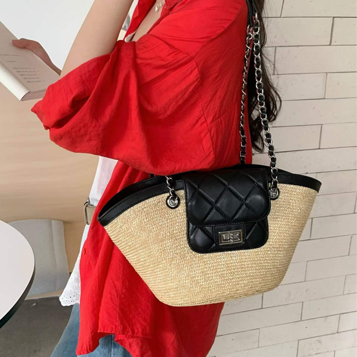 Women's Vacation Style Vegetable Basket Woven Seaside Women's Shoulder Bag