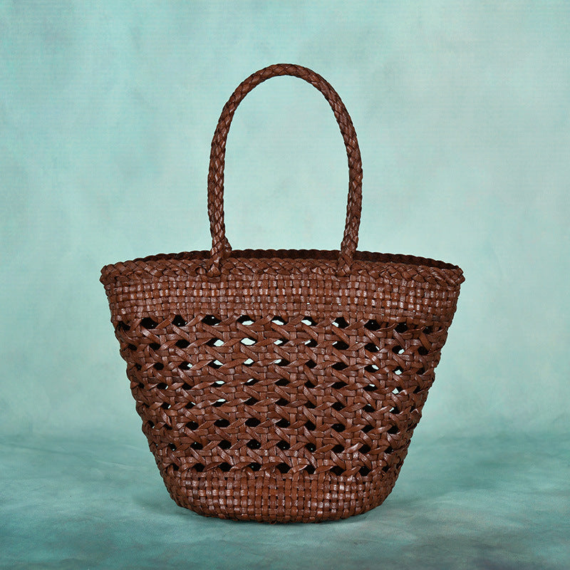 French Woven Vegetable Basket Cowhide Hollow Women's Handbag
