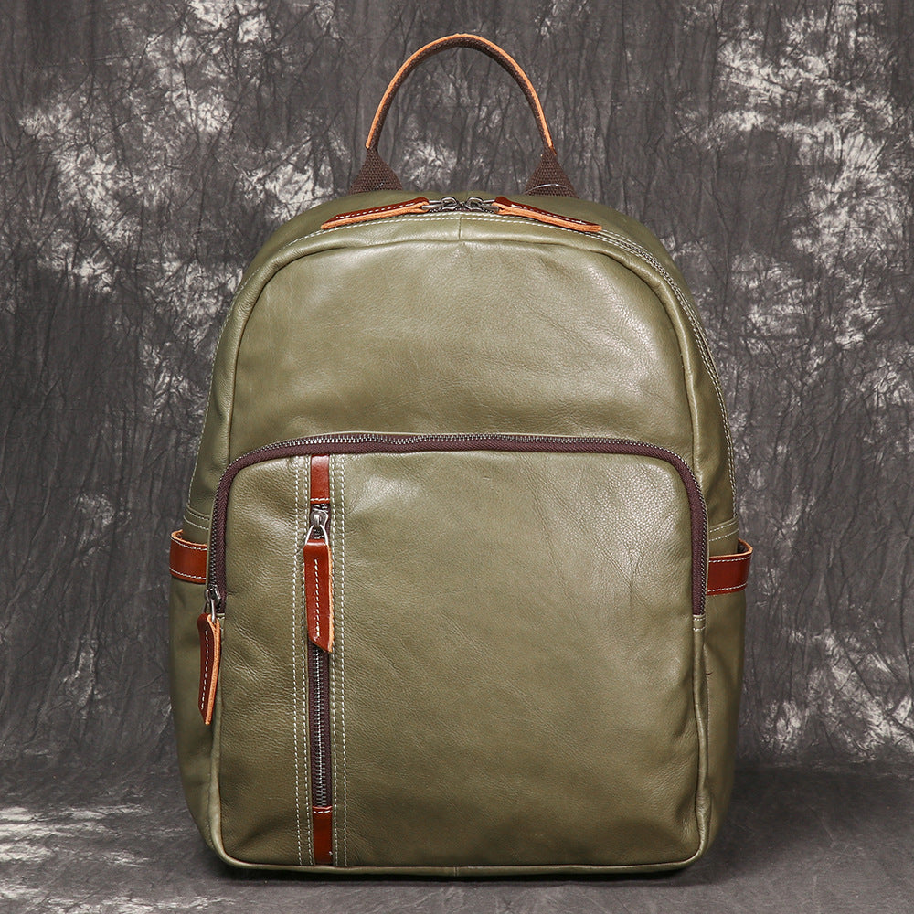 Men's Leather Versatile Cowhide Contrast Color College Backpacks