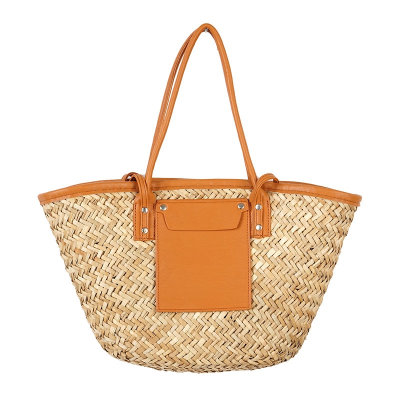 Versatile Large Capacity Straw Woven Stitching Women's Shoulder Bag