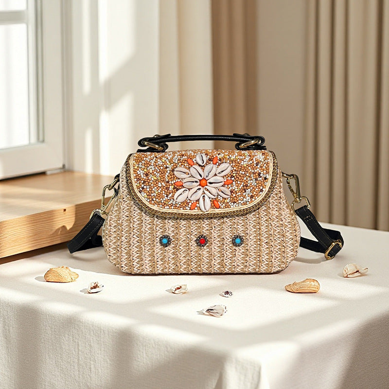 Bohemian Style Bead Rattan Lightweight Portable Women's Handbag