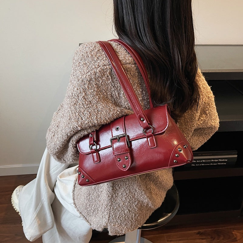Women's High-grade Trendy Fashion Joker Rivet Motorcycle Retro Affordable Luxury Underarm Bag