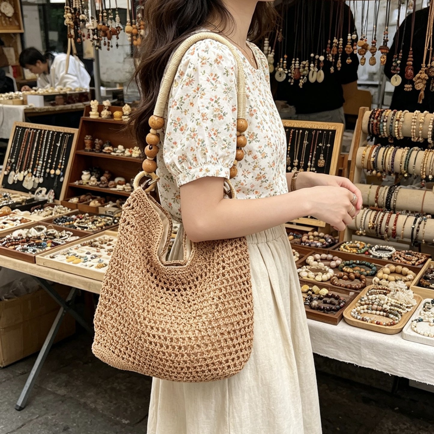 Women's High-grade Niche Crocheted Cotton Thread Straw Large Capacity Underarm Vacation Women's Shoulder Bag