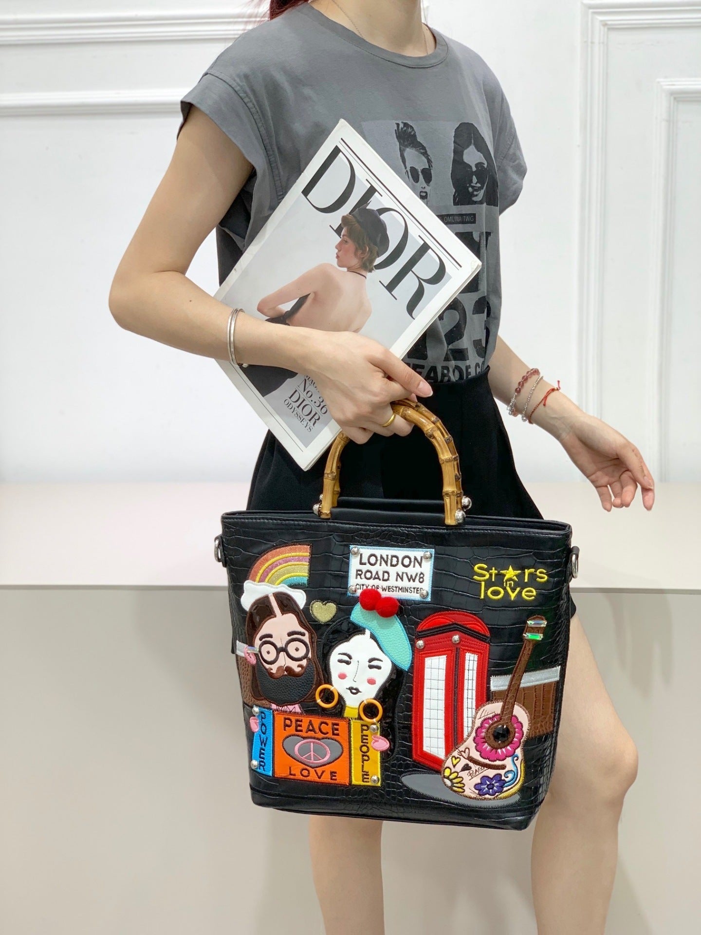 Women's Retro Color Block Embroidery Bamboo Versatile Large Handle