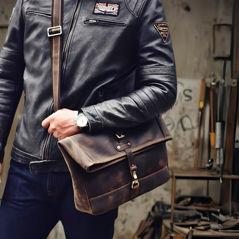 Men's Folding Cover Top Layer Cowhide Leather Portable Trendy Crazy Horse Men's Messenger Bag