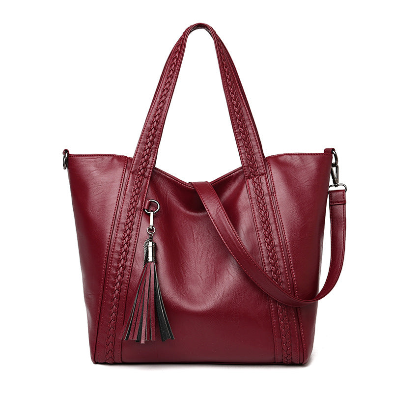 Women's Weave Large Capacity Tassel Soft Leather Commuter Tote Bag