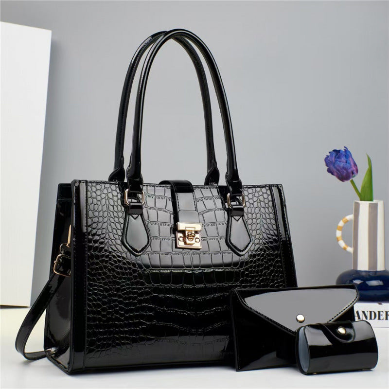 Three-piece Large Capacity Bright Leather Crocodile Women's Handbag