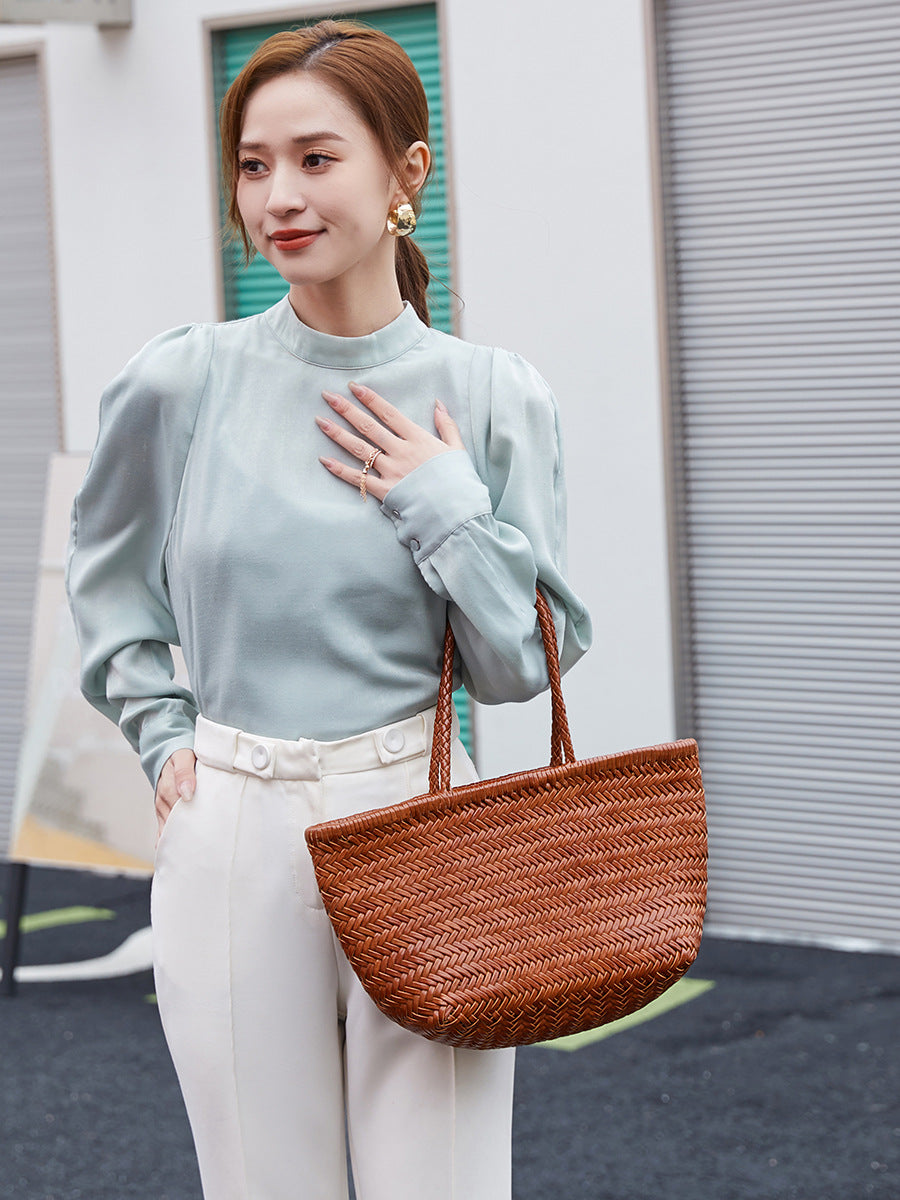 First Layer Cowhide Woven French Style Vegetable Tote Bag