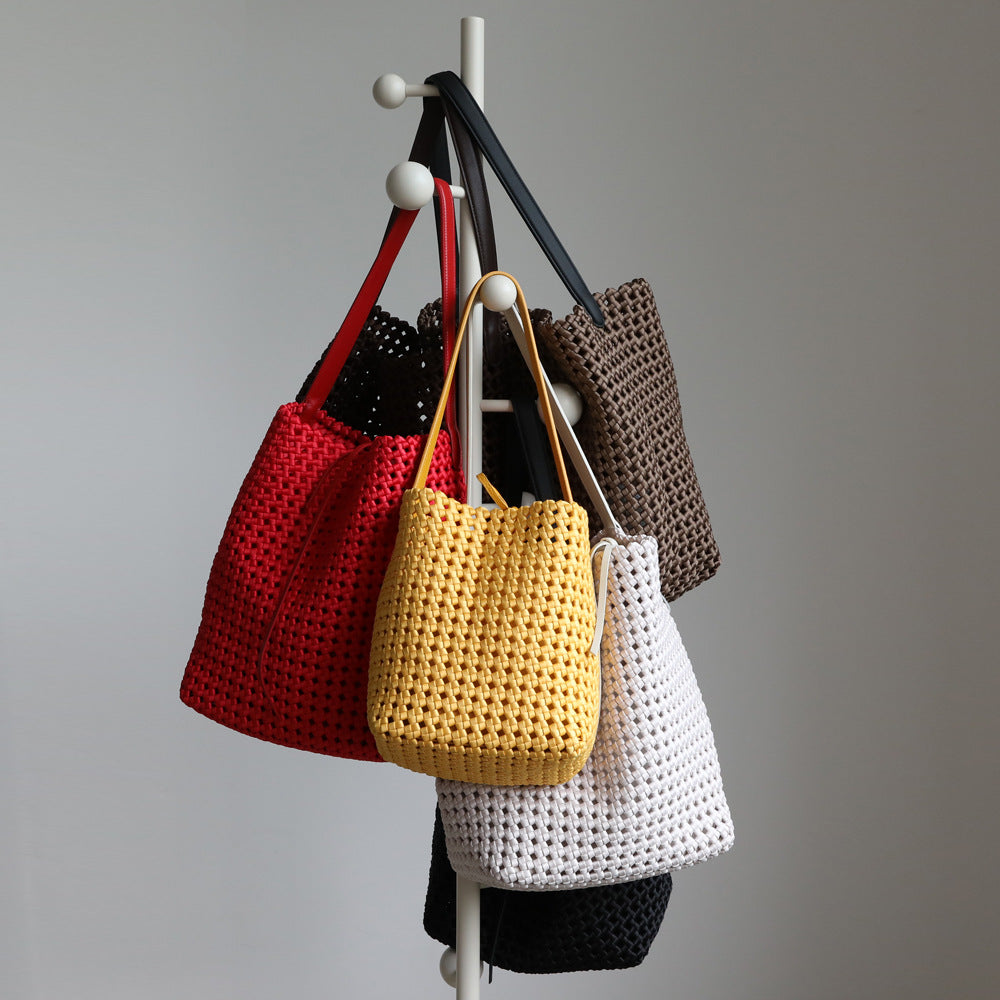 Women's Design Woven Cowhide Big Large Capacity Totes Portable Bucket Bag
