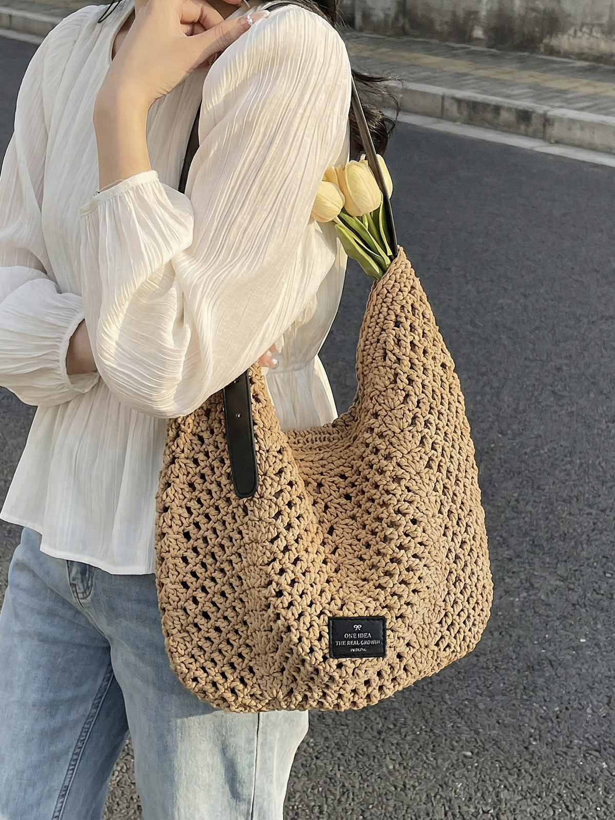 Women's Loose Large Capacity Summer Hollow Woven Tote Bags