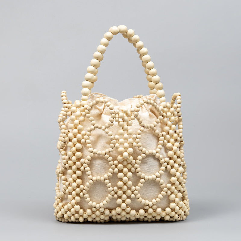 Women's Wooden Beads Decoration Contrast Color Hand-woven Large Handbags