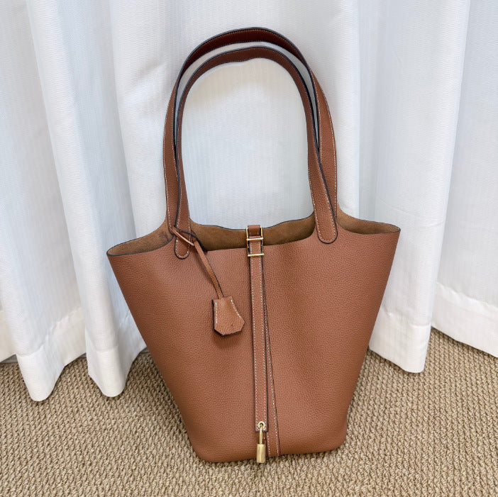 Women's Portable Classic Genuine Leather Vegetable Basket Lychee Pattern Simple Latch Women's Shoulder Bag